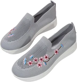 Women's Floral Embroidered Knitted Flat Shoes Casual Breathable Knitted Slip On Loafers National Style Soft Bottom Walking Shoe