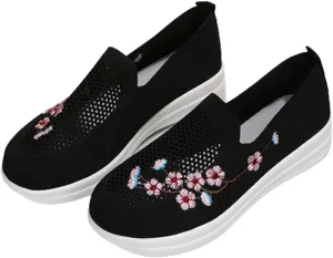 Women's Floral Embroidered Knitted Flat Shoes Casual Breathable Knitted Slip On Loafers National Style Soft Bottom Walking Shoe
