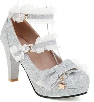 Women's Glitter Sequin Platform Pumps High Heels Bow Round Toe Ankle Strap High Heel Dress Shoes