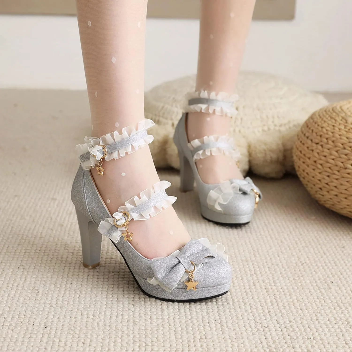 Women's Glitter Sequin Platform Pumps High Heels Bow Round Toe Ankle Strap High Heel Dress Shoes