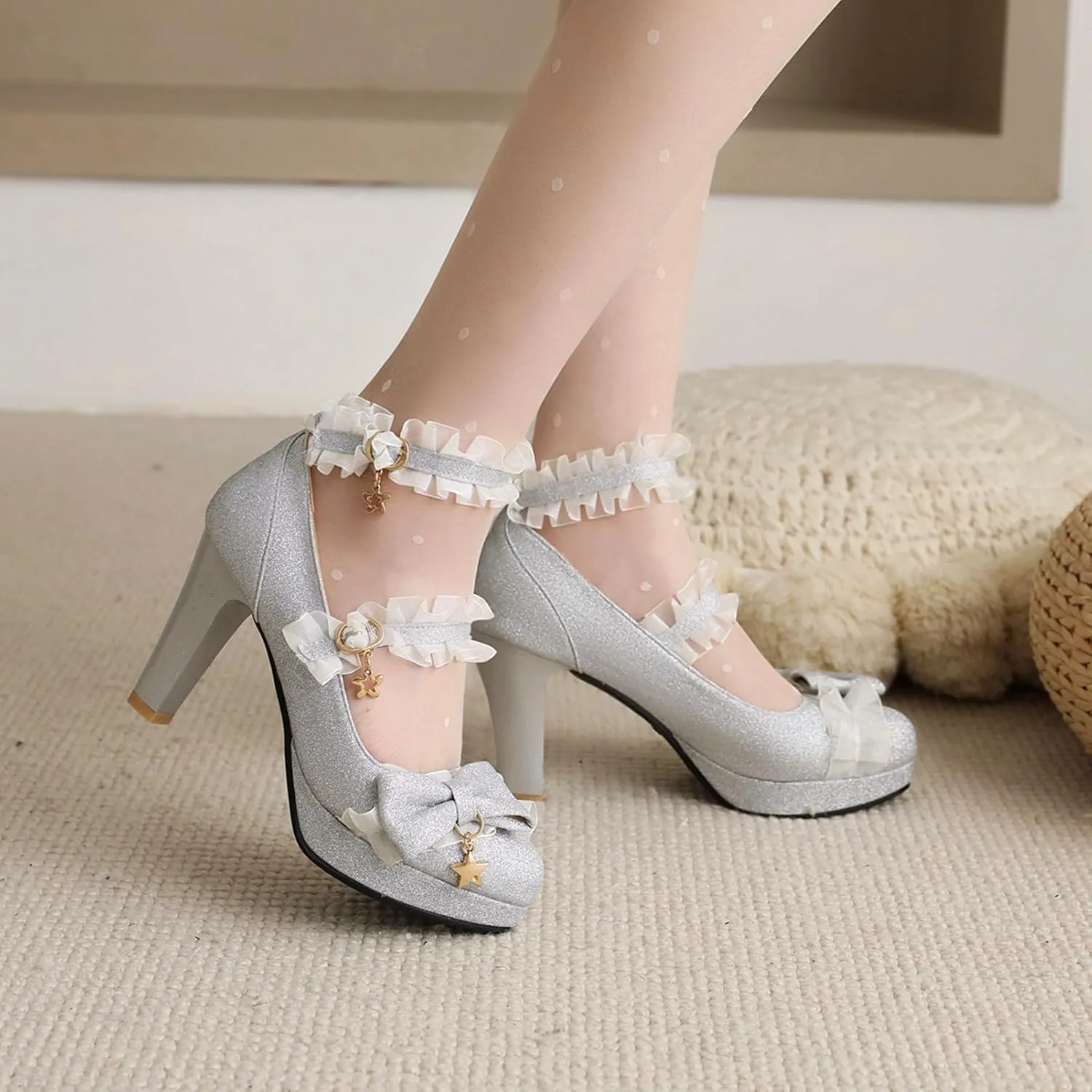 Women's Glitter Sequin Platform Pumps High Heels Bow Round Toe Ankle Strap High Heel Dress Shoes