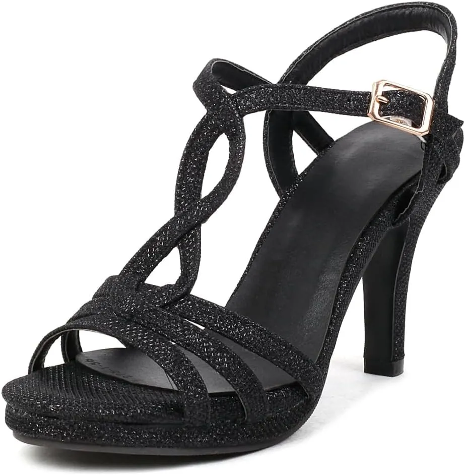 Women's Glitter T-strap Stilettos High Heels Sandals Open Toe Ankle Strappy Wedding Party Dressy Heeled Sandal