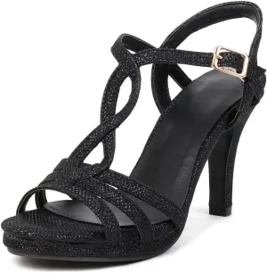 Women's Glitter T-strap Stilettos High Heels Sandals Open Toe Ankle Strappy Wedding Party Dressy Heeled Sandal
