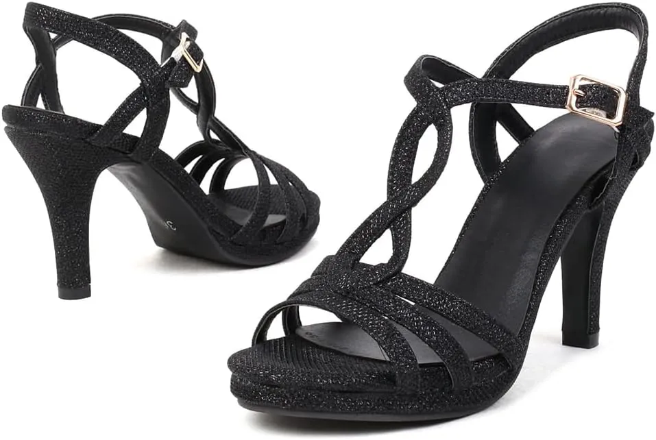 Women's Glitter T-strap Stilettos High Heels Sandals Open Toe Ankle Strappy Wedding Party Dressy Heeled Sandal