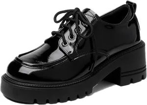 Women's Leather Chunky Platform Oxfords Fashion Round Toe Anti-Slip Lug Sole Lace-Up Chunky Heel Loafers Dress Shoe for Daily Outdoor Work Casual Walking Shoes