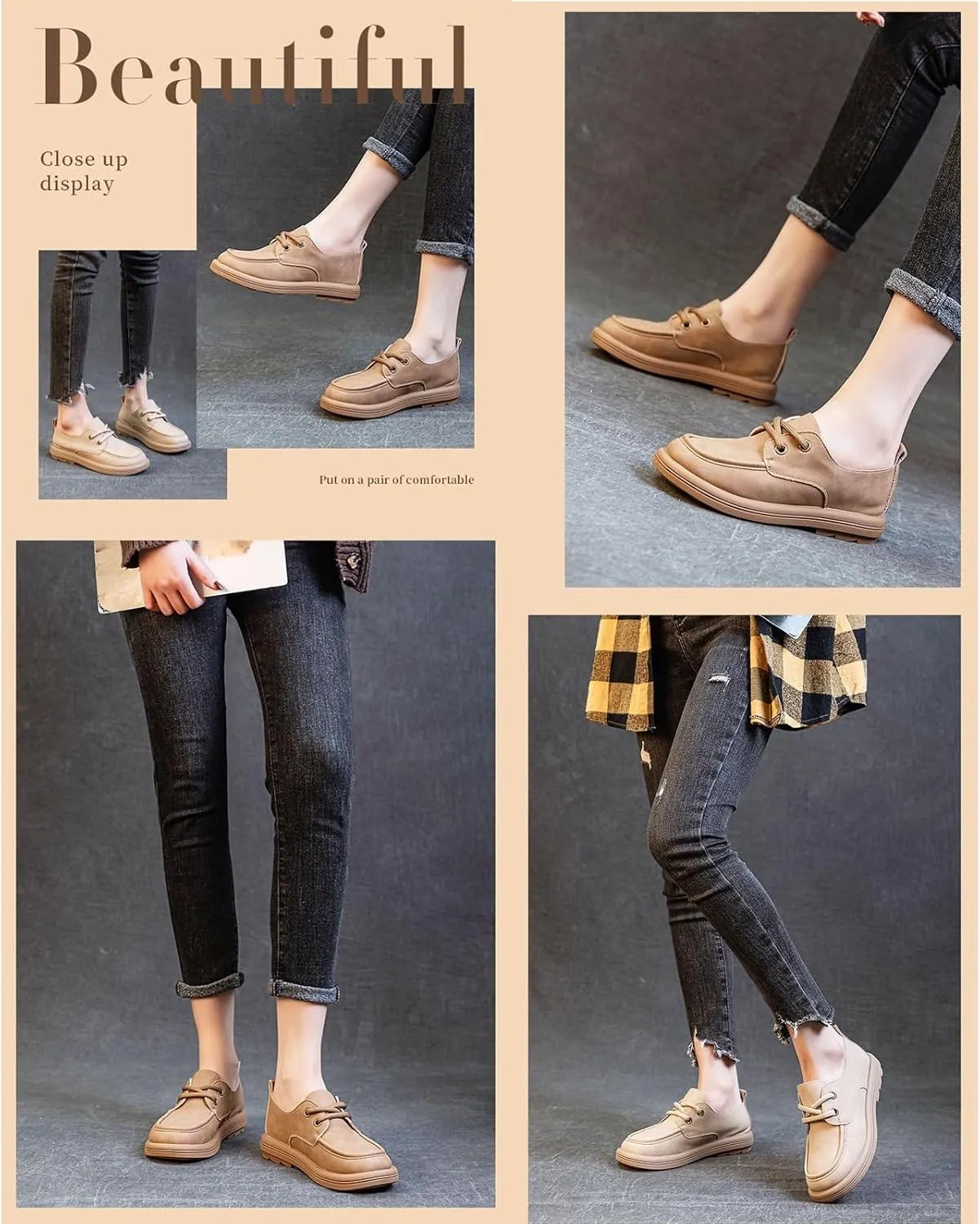Women's Leather Soft Sole Oxfords Retro Wide Round Toe Lace-Up Dress Loafers Shoe for Daily Outdoor Work Casual Walking Shoes