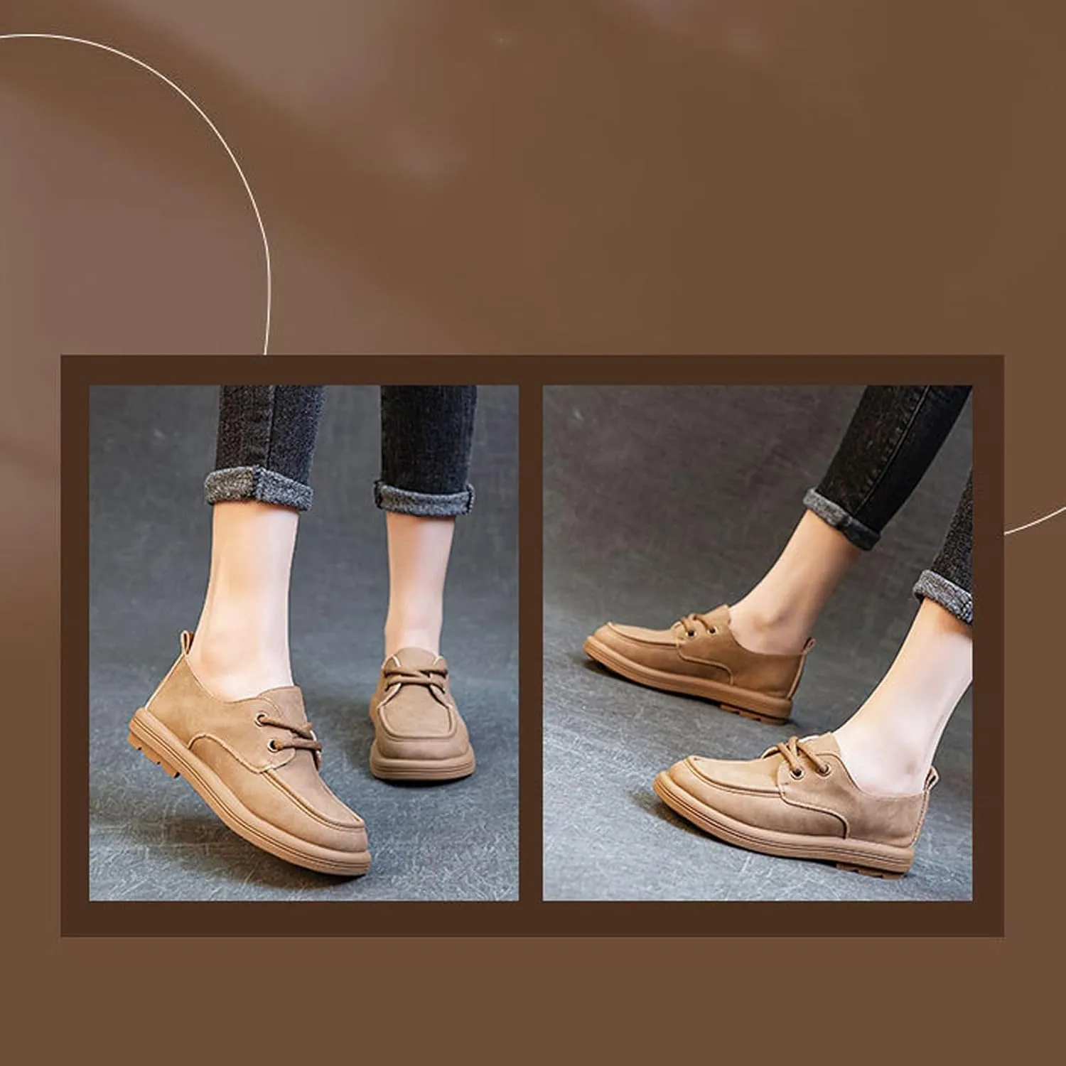 Women's Leather Soft Sole Oxfords Retro Wide Round Toe Lace-Up Dress Loafers Shoe for Daily Outdoor Work Casual Walking Shoes