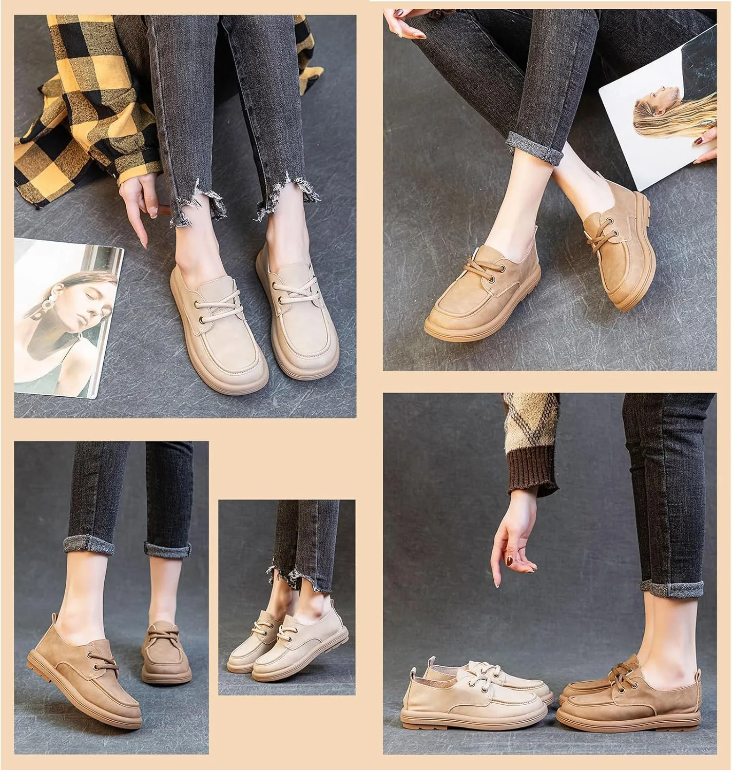 Women's Leather Soft Sole Oxfords Retro Wide Round Toe Lace-Up Dress Loafers Shoe for Daily Outdoor Work Casual Walking Shoes
