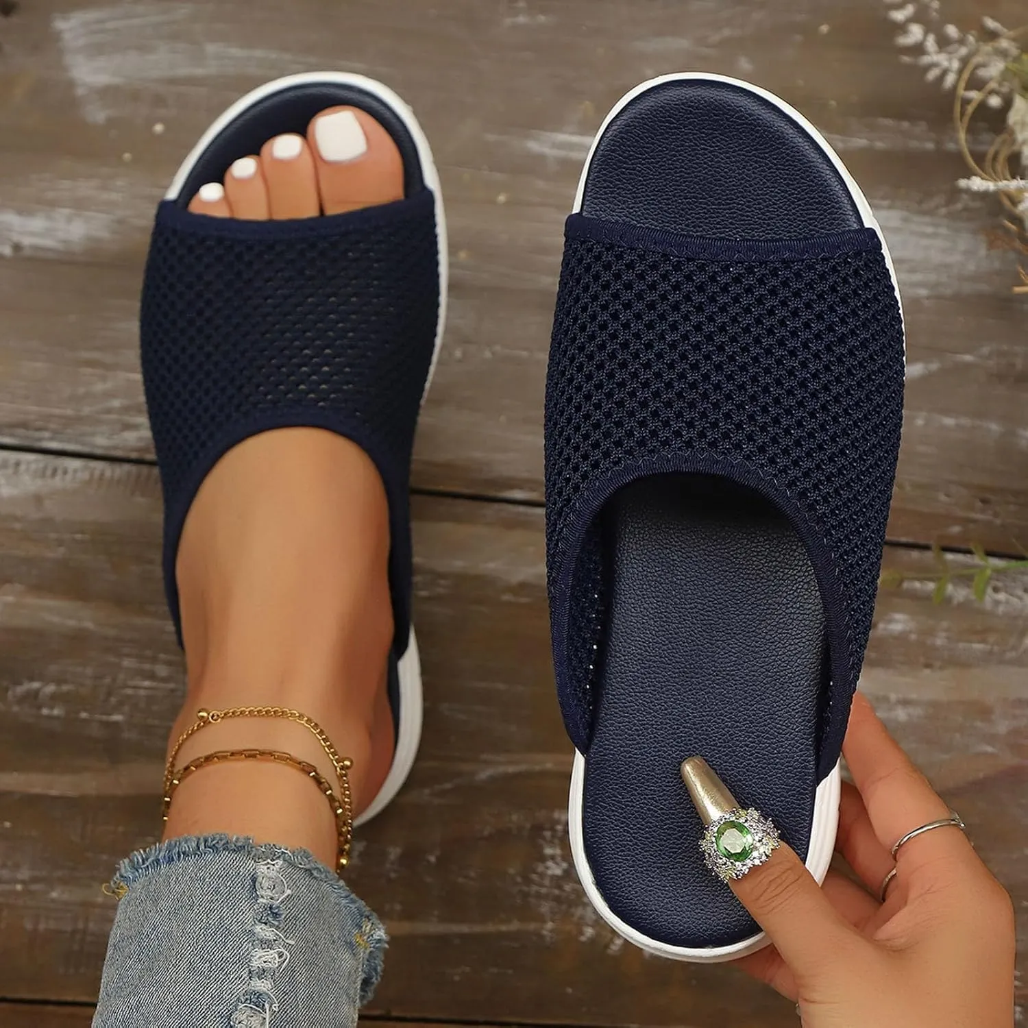 Women's Open Toe Slippers Summer Breathable Knit Slides Comfortable Casual Sandals for Outdoor Beach Vacation