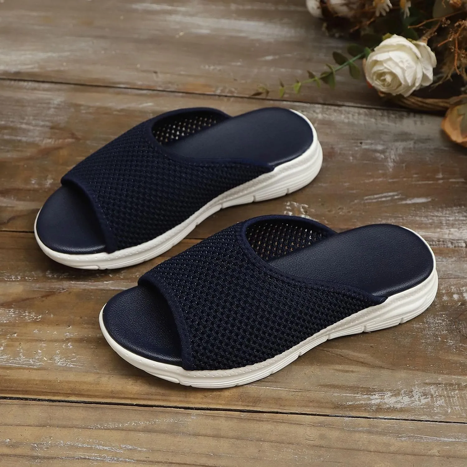 Women's Open Toe Slippers Summer Breathable Knit Slides Comfortable Casual Sandals for Outdoor Beach Vacation