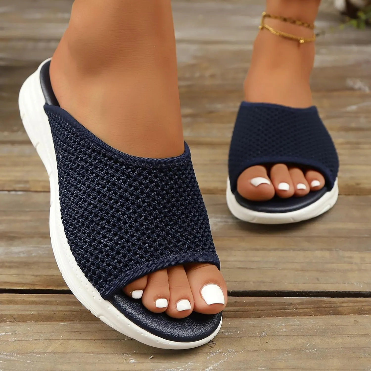 Women's Open Toe Slippers Summer Breathable Knit Slides Comfortable Casual Sandals for Outdoor Beach Vacation