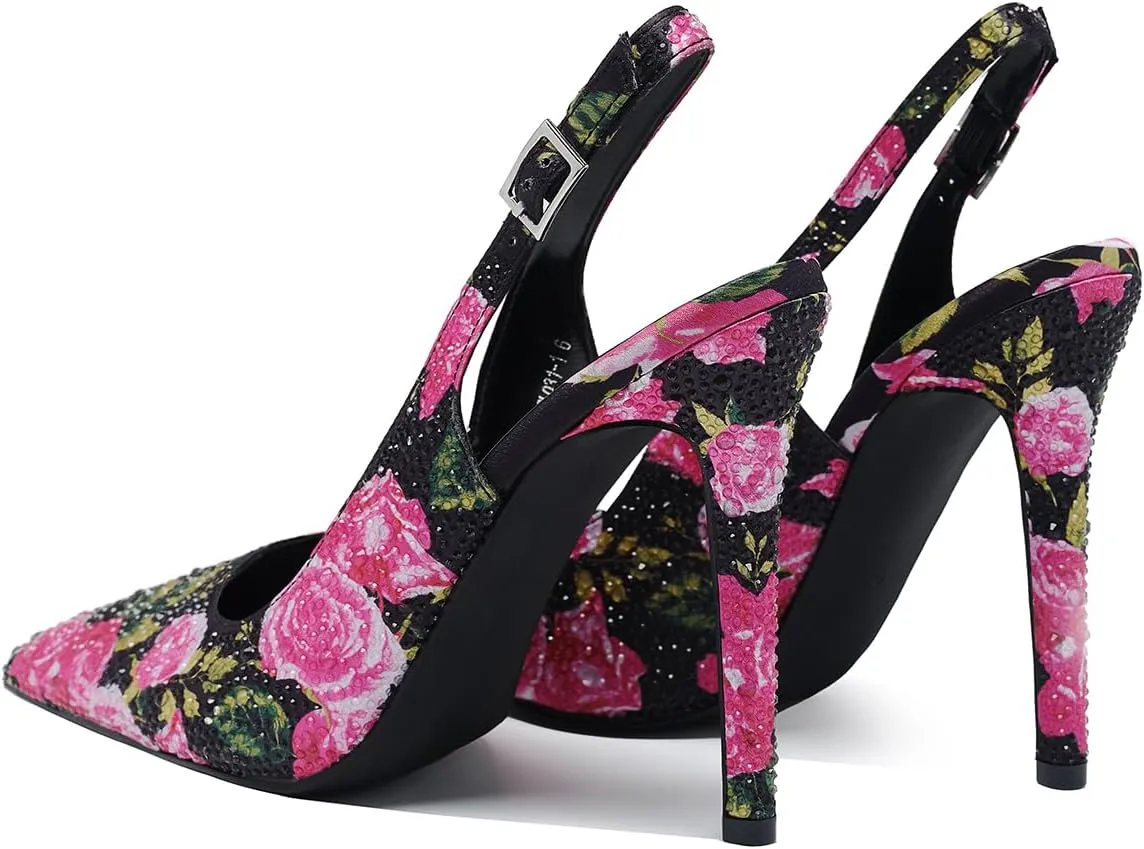 Women's Pointed Toe Rhinestone Ankle Strap Print Stiletto Sandals 4.3IN Heel Dressy Nightclub Party Wedding Shoes