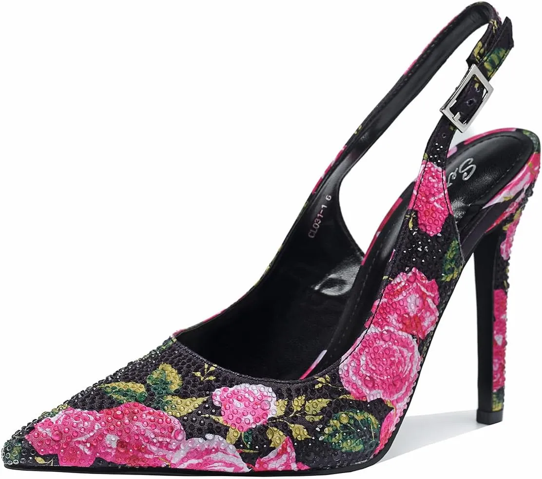 Women's Pointed Toe Rhinestone Ankle Strap Print Stiletto Sandals 4.3IN Heel Dressy Nightclub Party Wedding Shoes