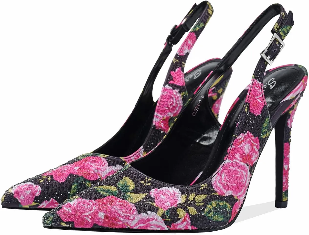 Women's Pointed Toe Rhinestone Ankle Strap Print Stiletto Sandals 4.3IN Heel Dressy Nightclub Party Wedding Shoes