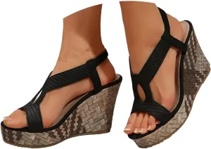 Womens Sandals Dressy Open Toe Wedges Heels For Women Elastic Strap Slip On High Platform Heeled Sandals For Vocation