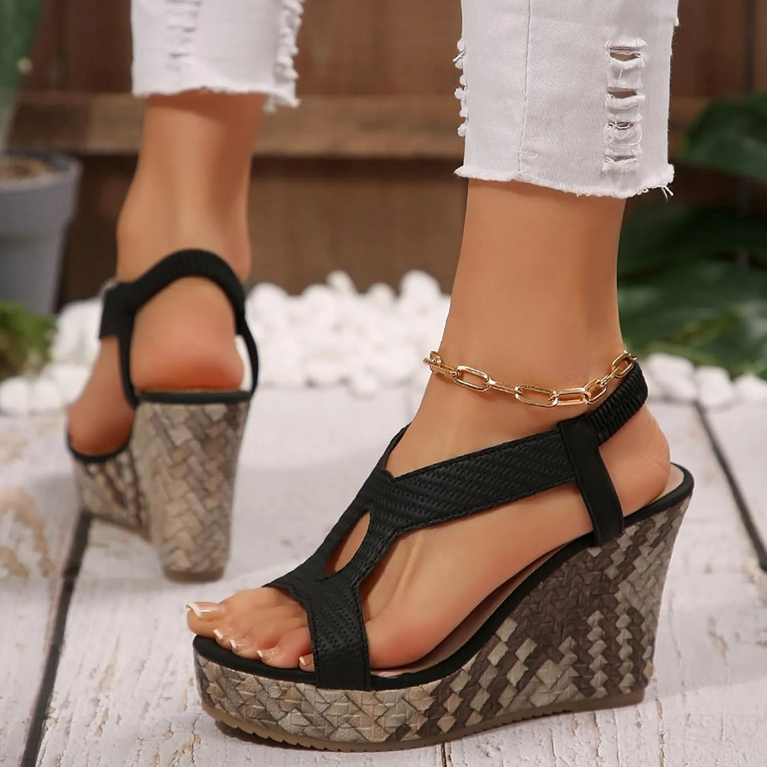 Womens Sandals Dressy Open Toe Wedges Heels For Women Elastic Strap Slip On High Platform Heeled Sandals For Vocation