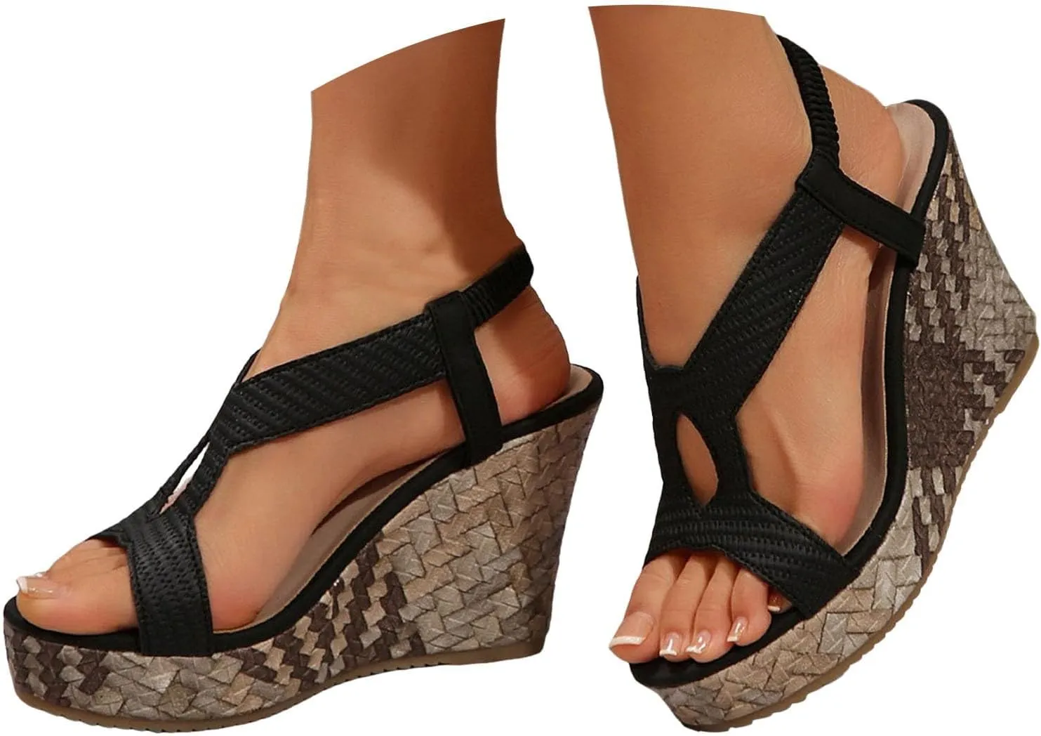 Womens Sandals Dressy Open Toe Wedges Heels For Women Elastic Strap Slip On High Platform Heeled Sandals For Vocation