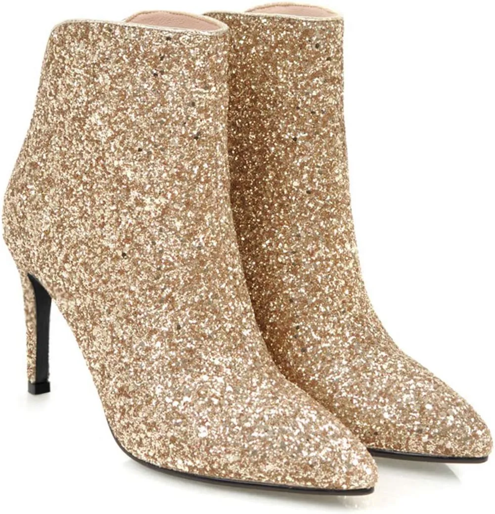 Women's Sequin Glitter Ankle Boots High Heels Pointed Toe Stiletto Heeled Sparkly Wedding Zipper Short Booties Party Shoes