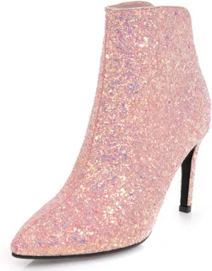 Women's Sequin Glitter Ankle Boots High Heels Pointed Toe Stiletto Heeled Sparkly Wedding Zipper Short Booties Party Shoes