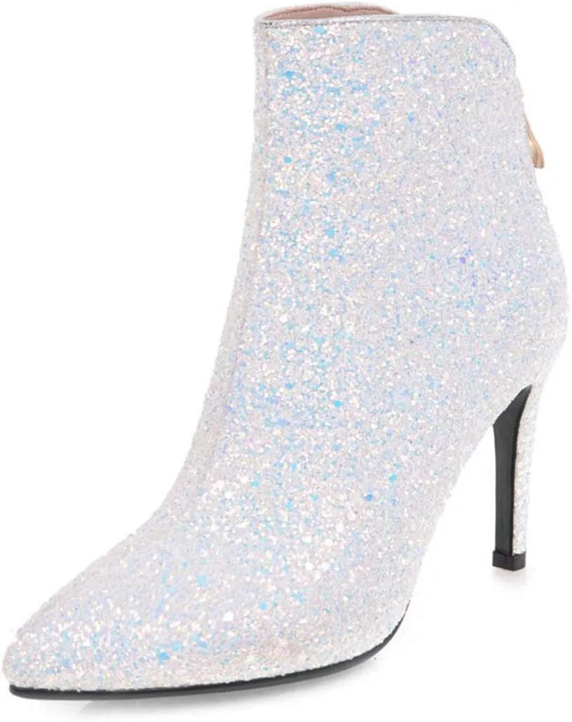 Women's Sequin Glitter Ankle Boots High Heels Pointed Toe Stiletto Heeled Sparkly Wedding Zipper Short Booties Party Shoes