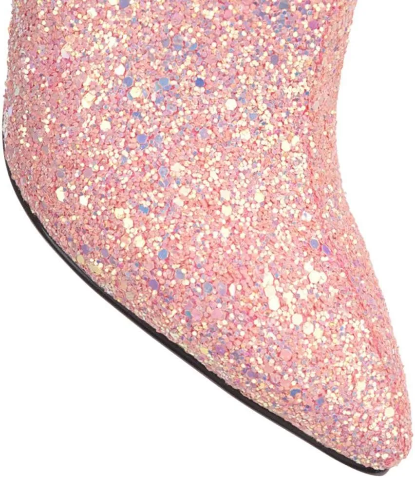 Women's Sequin Glitter Ankle Boots High Heels Pointed Toe Stiletto Heeled Sparkly Wedding Zipper Short Booties Party Shoes