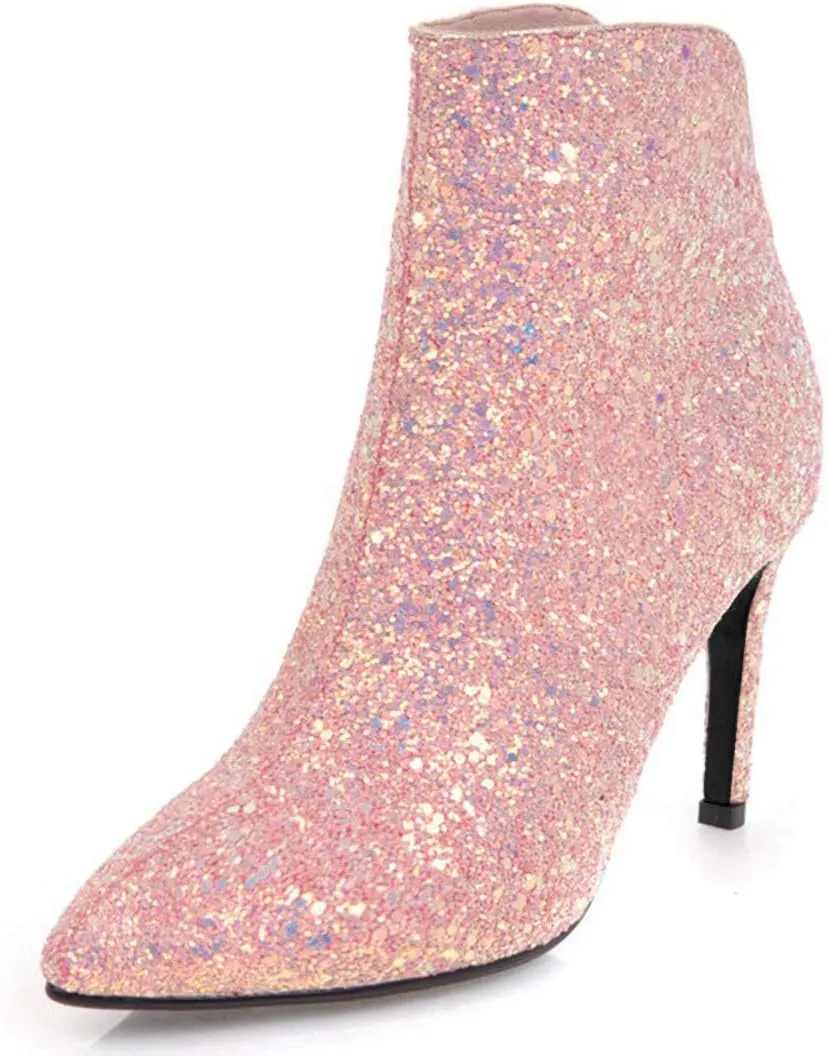 Women's Sequin Glitter Ankle Boots High Heels Pointed Toe Stiletto Heeled Sparkly Wedding Zipper Short Booties Party Shoes