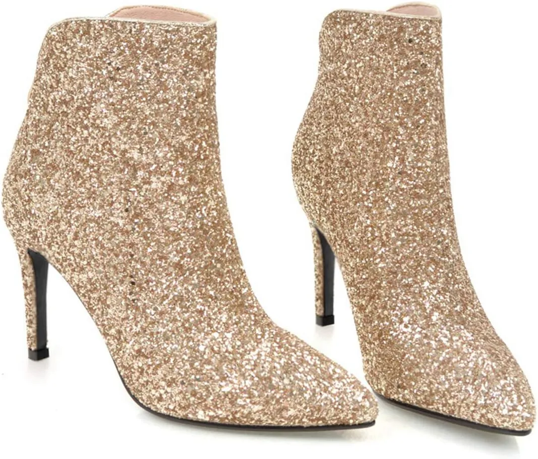 Women's Sequin Glitter Ankle Boots High Heels Pointed Toe Stiletto Heeled Sparkly Wedding Zipper Short Booties Party Shoes
