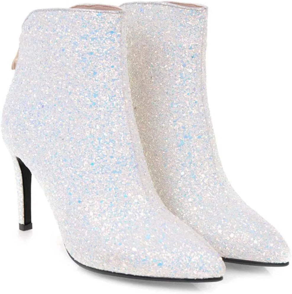 Women's Sequin Glitter Ankle Boots High Heels Pointed Toe Stiletto Heeled Sparkly Wedding Zipper Short Booties Party Shoes