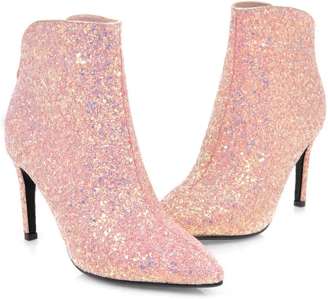 Women's Sequin Glitter Ankle Boots High Heels Pointed Toe Stiletto Heeled Sparkly Wedding Zipper Short Booties Party Shoes