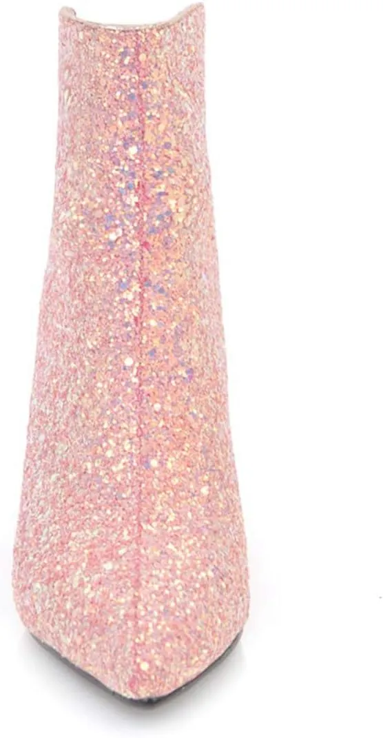 Women's Sequin Glitter Ankle Boots High Heels Pointed Toe Stiletto Heeled Sparkly Wedding Zipper Short Booties Party Shoes