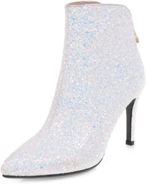 Women's Sequin Glitter Ankle Boots High Heels Pointed Toe Stiletto Heeled Sparkly Wedding Zipper Short Booties Party Shoes