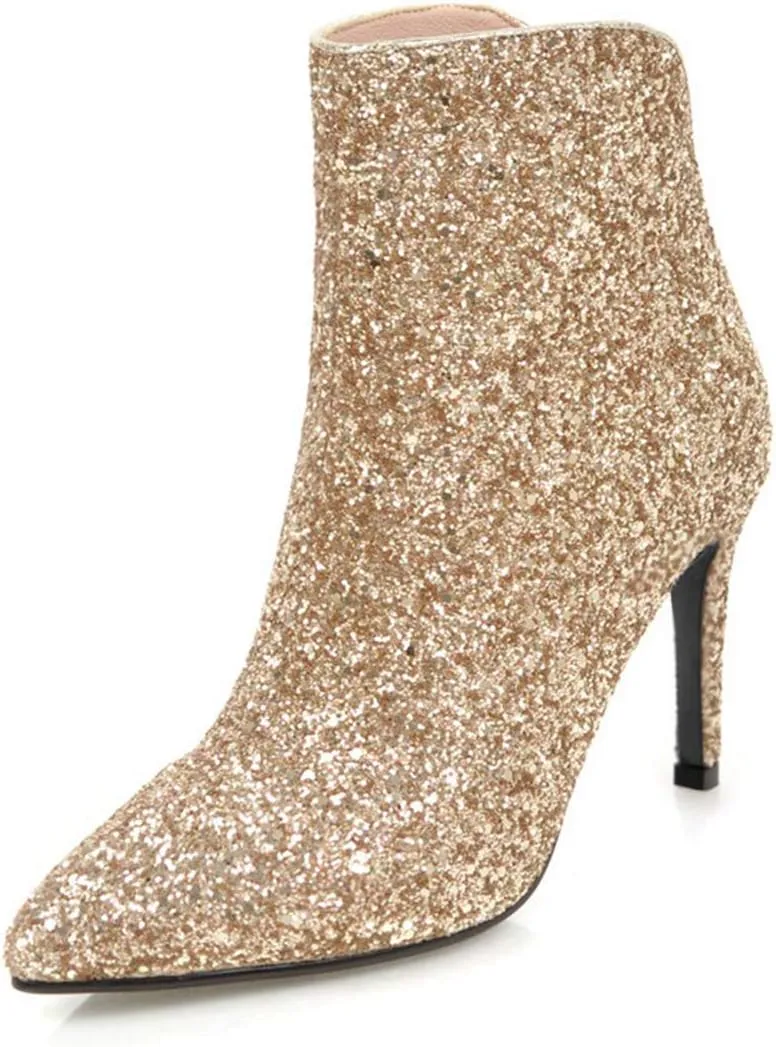 Women's Sequin Glitter Ankle Boots High Heels Pointed Toe Stiletto Heeled Sparkly Wedding Zipper Short Booties Party Shoes