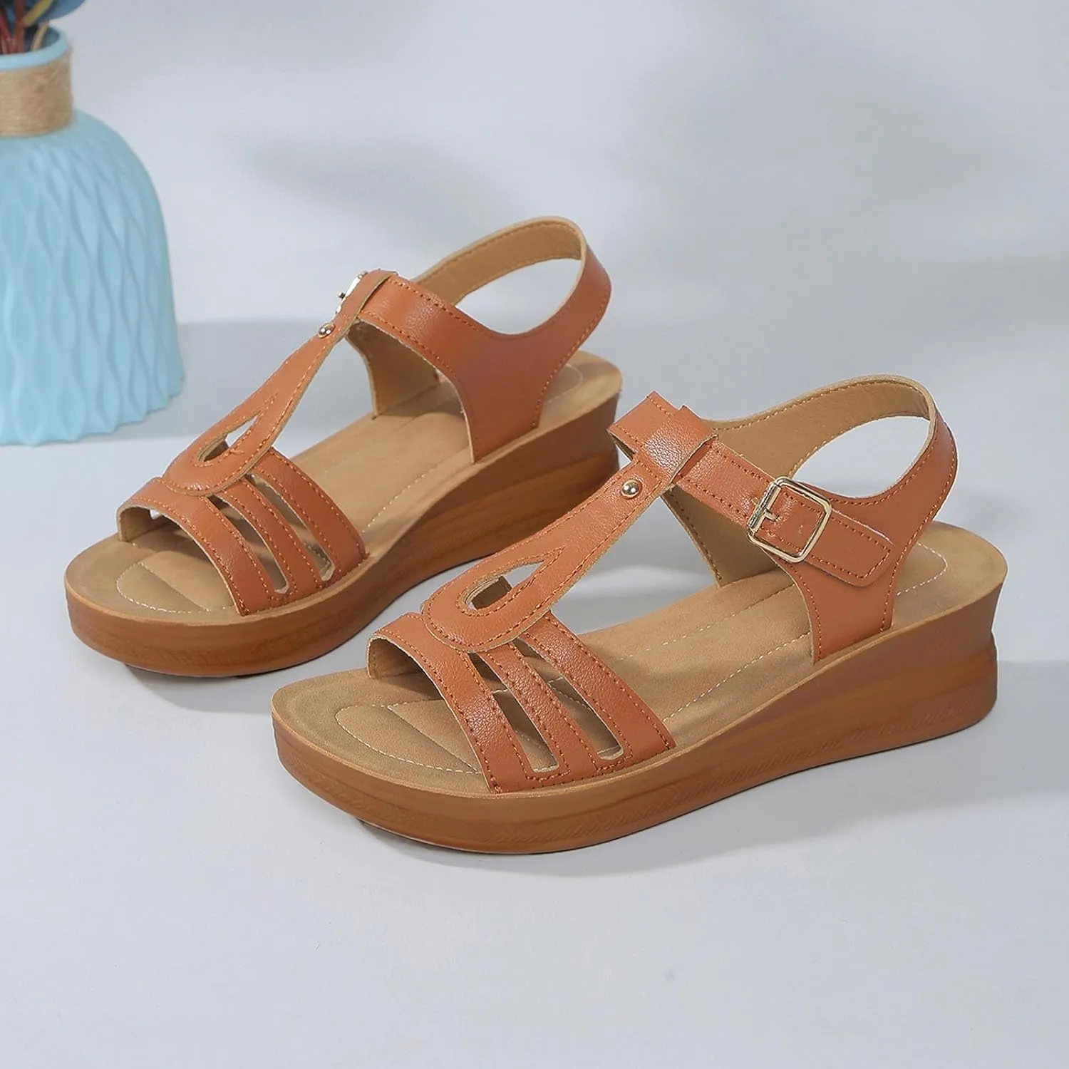 Women's Summer Wedge Sandals Open Toe Leather Casual Comfortable Beach Shoes for Outdoor Walking and Daily Wear