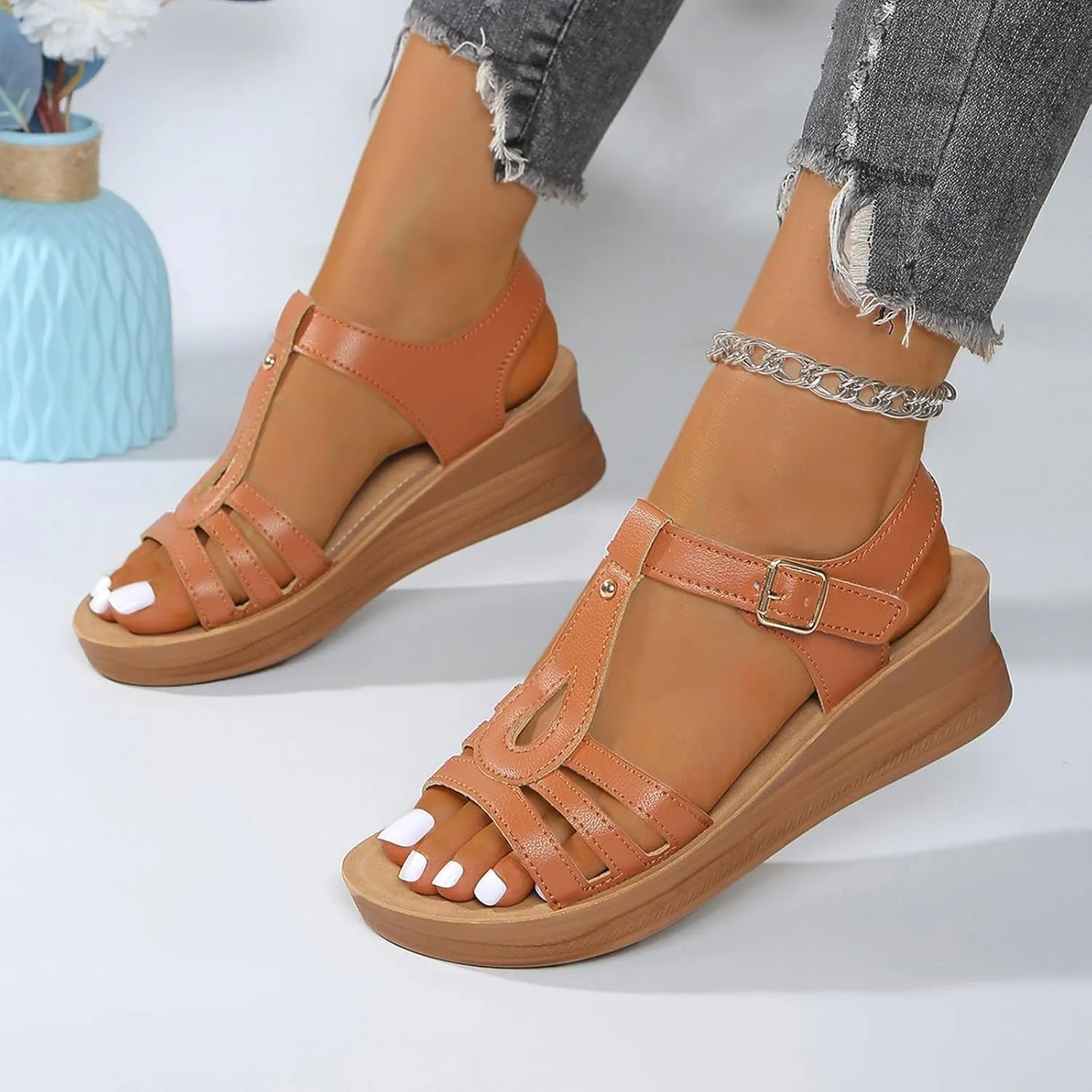 Women's Summer Wedge Sandals Open Toe Leather Casual Comfortable Beach Shoes for Outdoor Walking and Daily Wear