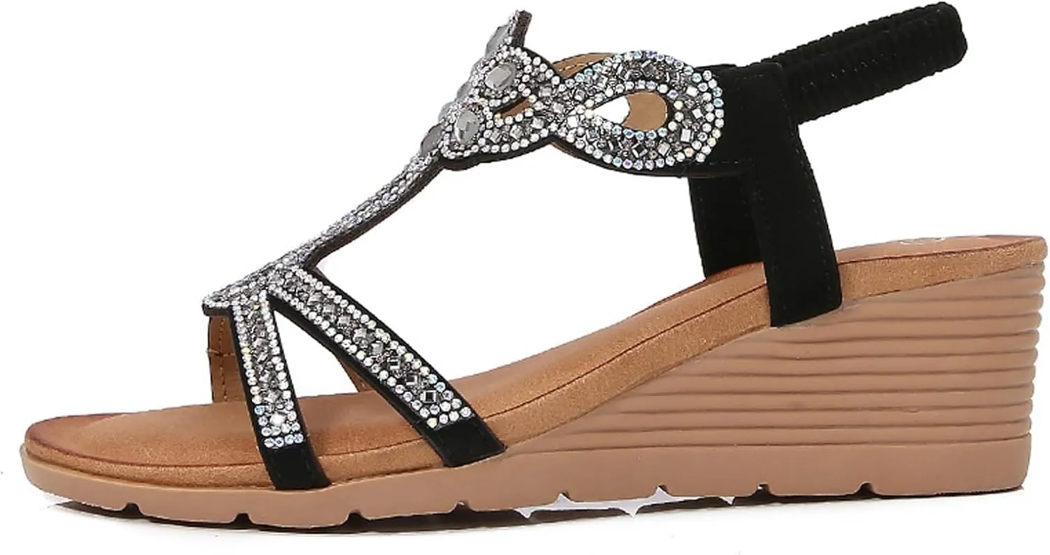 Women's Wedge Sandals Dressy Open Toe High Heel Bohemian Beach Slip On Ankle Strap Platform Sandals