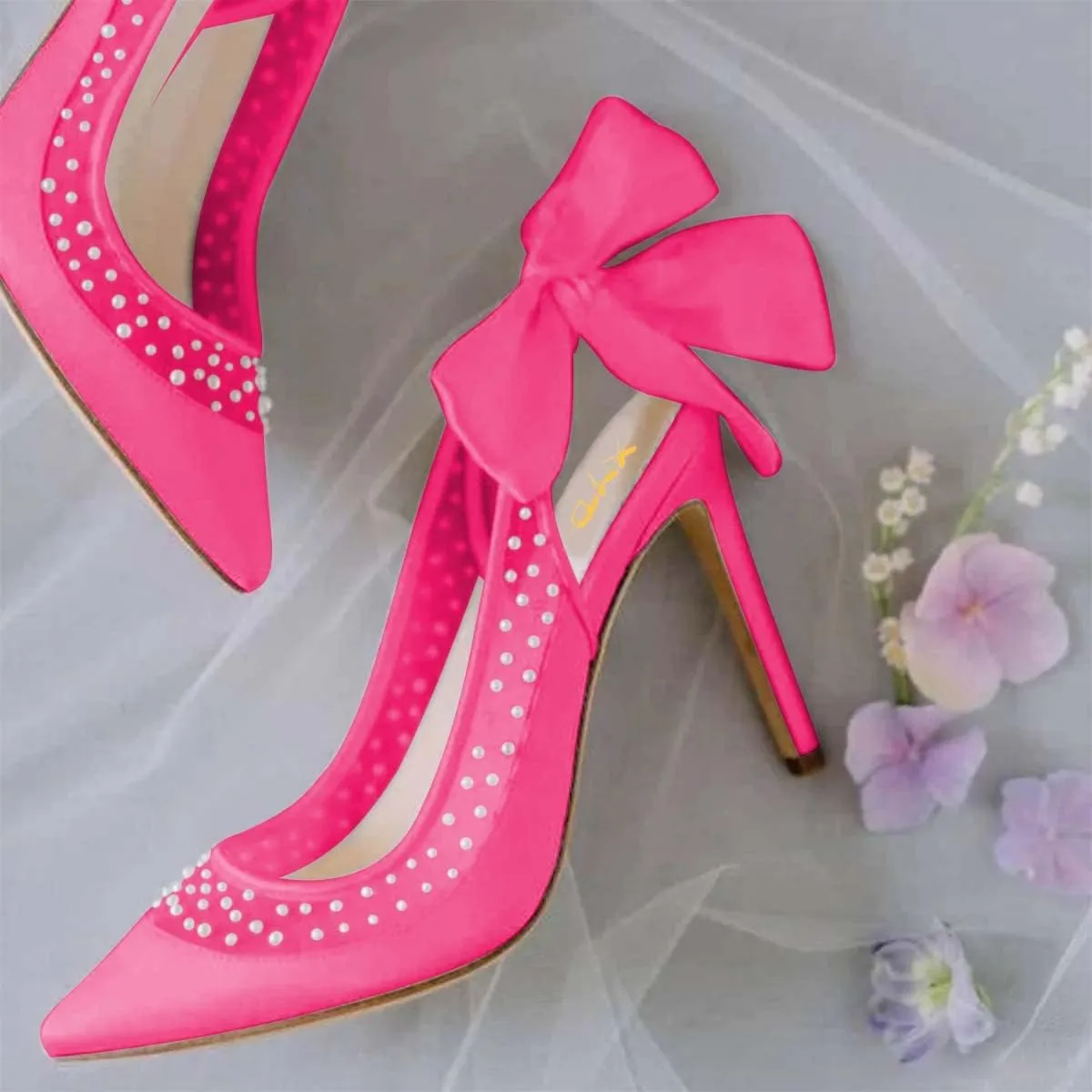 XYD Women's Silk Satin Pointed Toe Pumps Wedding High Heel Pearls Back Bowknot Mesh Brides Evening Shoes