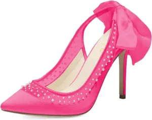 XYD Women's Silk Satin Pointed Toe Pumps Wedding High Heel Pearls Back Bowknot Mesh Brides Evening Shoes