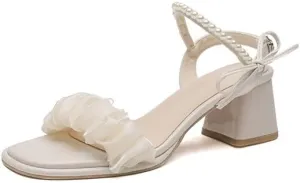 YIRENZUI Summer Pearl One Word Buckle Strap Belt Sandals Women Open Toe Thick Heels Fairy Wind Mesh Bow High Heels WomenSummer Best Choice (Color : White, Size : 34)